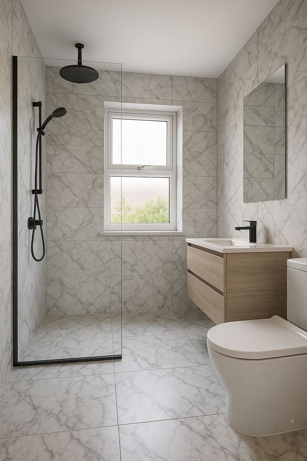 Modern bathroom renovation with marble tiles, walk-in shower, floating vanity, and contemporary fixtures