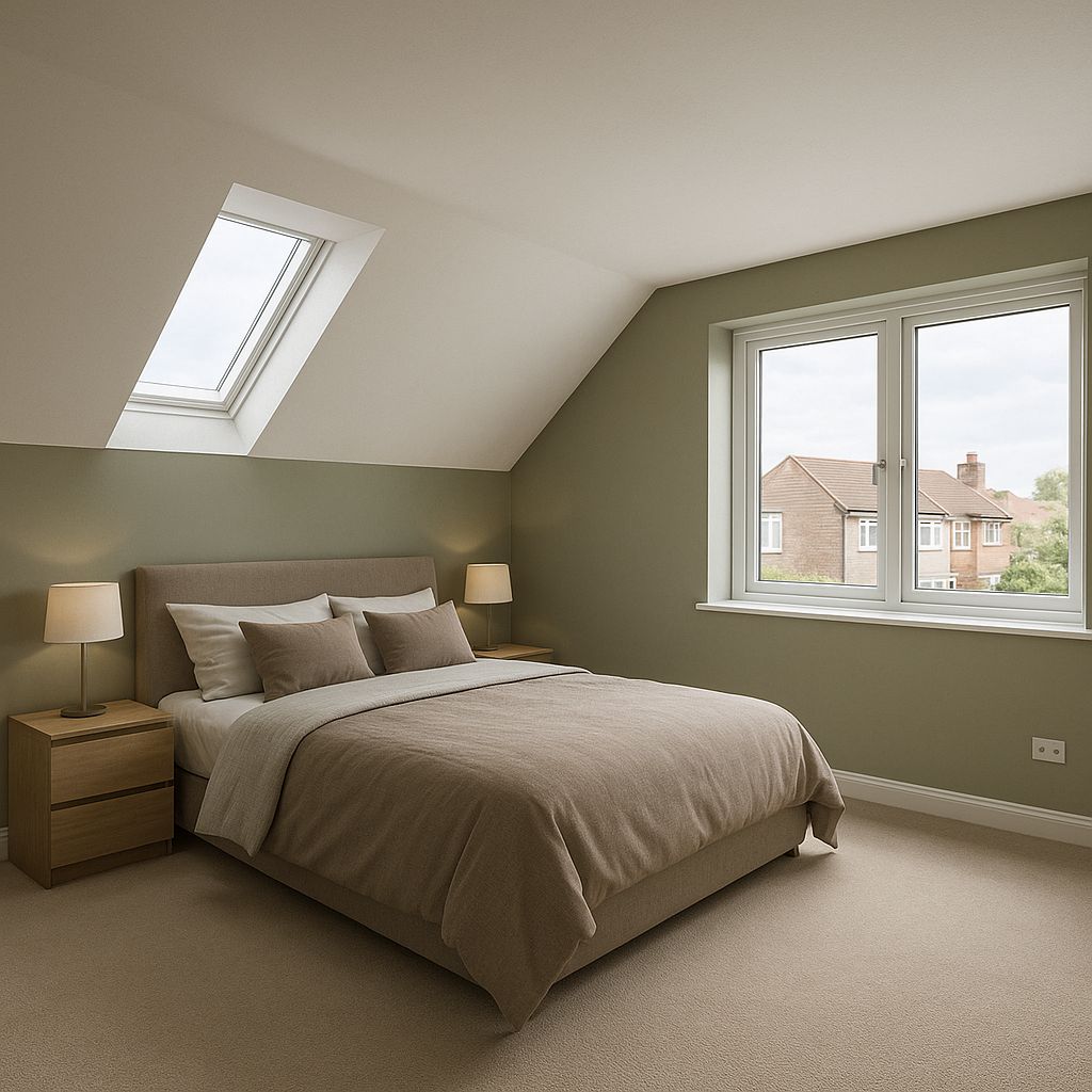Modern bedroom extension with skylights, natural light, and contemporary design