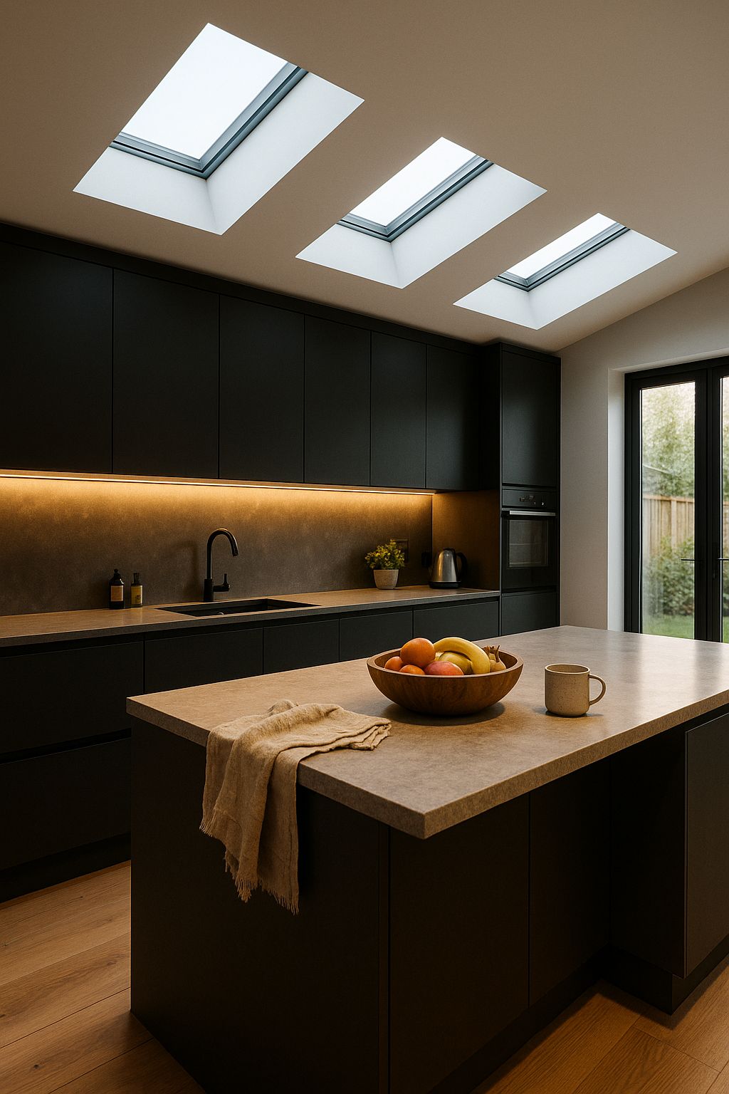 Bright loft conversion master bedroom with multiple skylights, modern furniture, and ample natural light